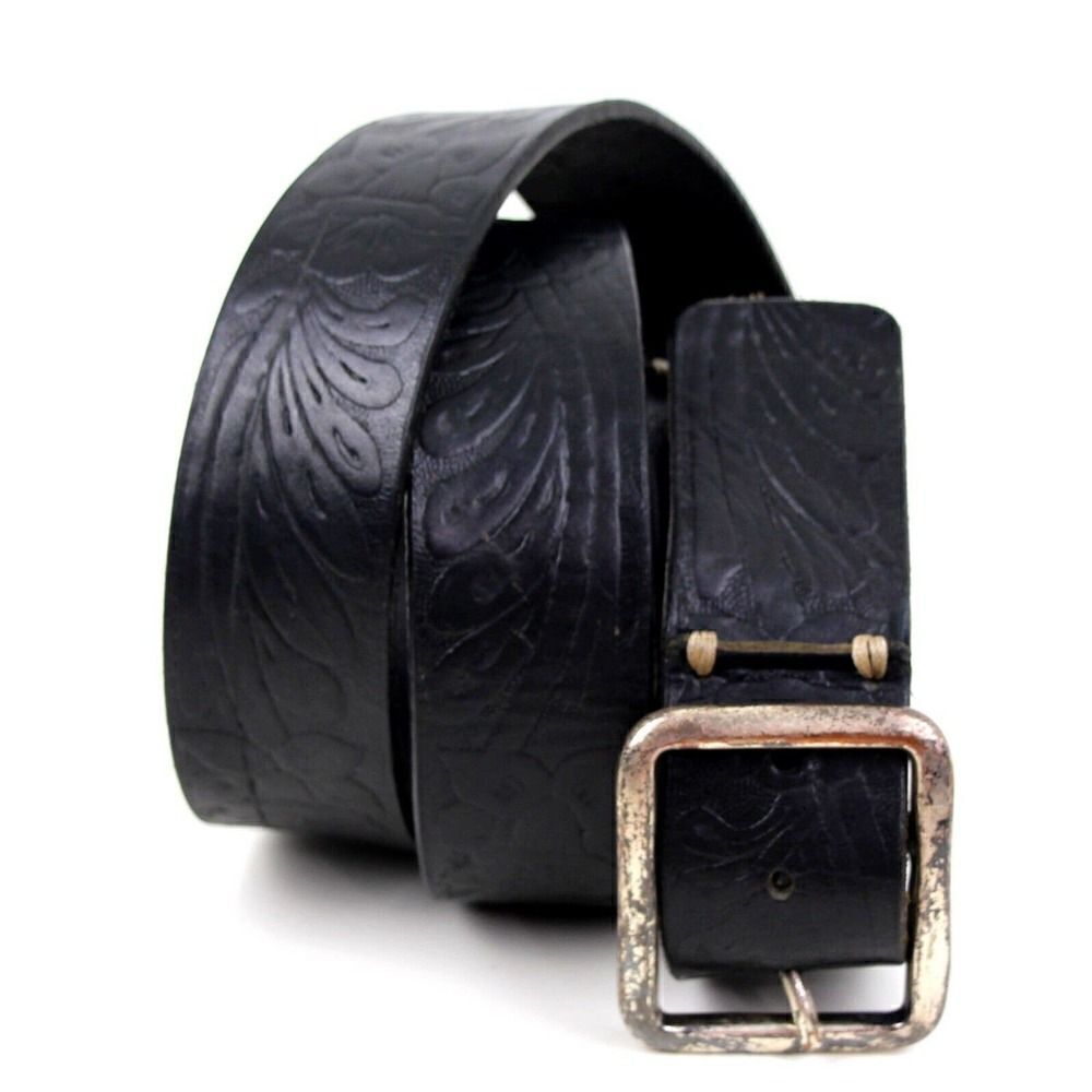 TOOLED BLACK GENUINE LEATHER 1.5"Wd CASUAL DRESS MEN'S BELT Sz 42/105 (G88